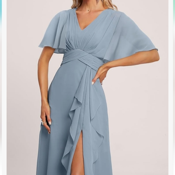 NWOT Deamify dusty blue flutter sleeve bridesmaid dress - Picture 4 of 7